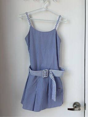 Armani Exchange Blue & White Striped Jumpsuit Romper with Self-Tie Belt